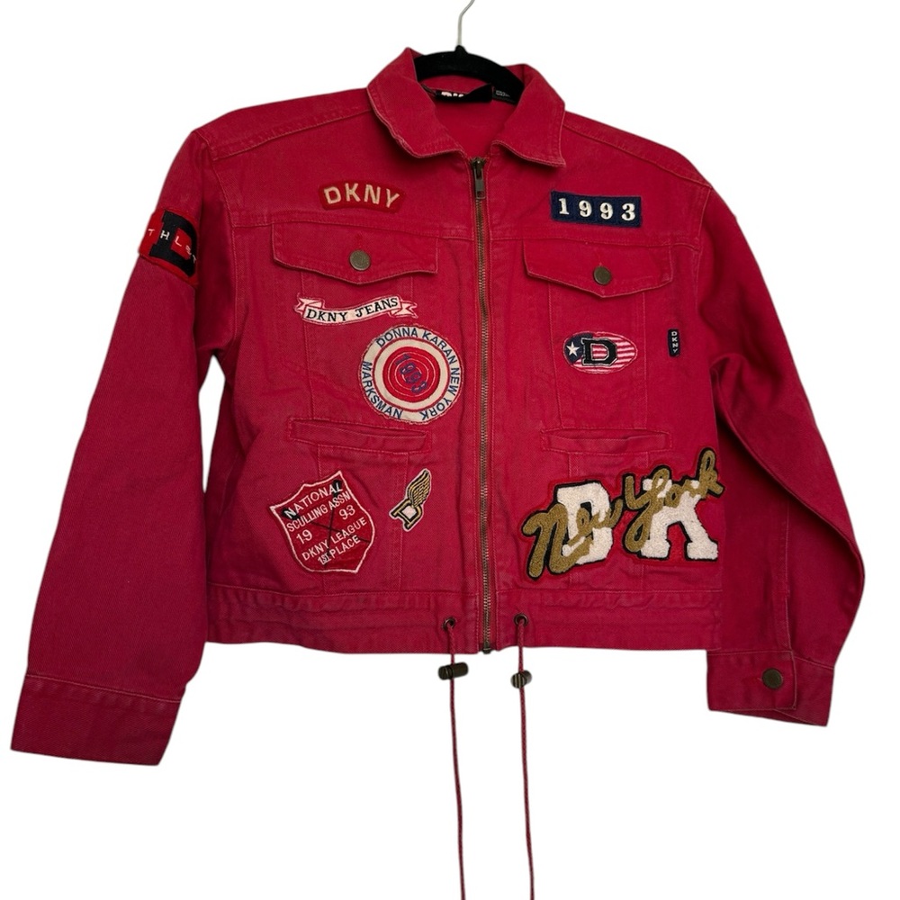 DK Donna Karan New York Vintage 90's Marksman Red Cropped Bomber Jean Jacket Y2K
